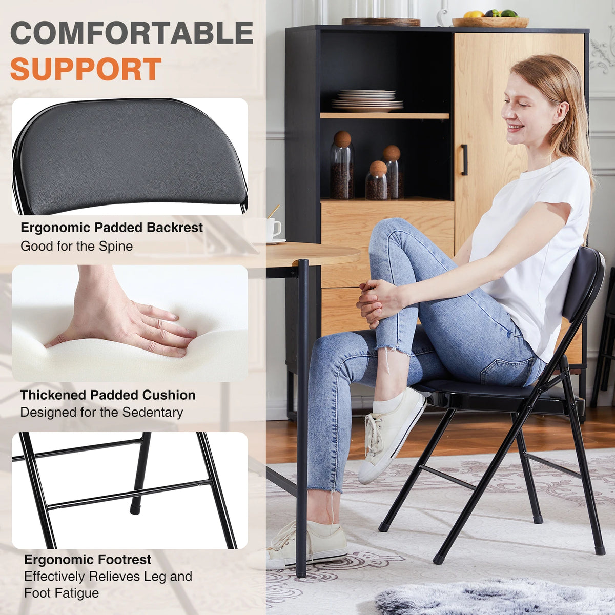 Padded Folding Chair - Faux Leather Folding Dining Chairs, 4 Pack (Black)