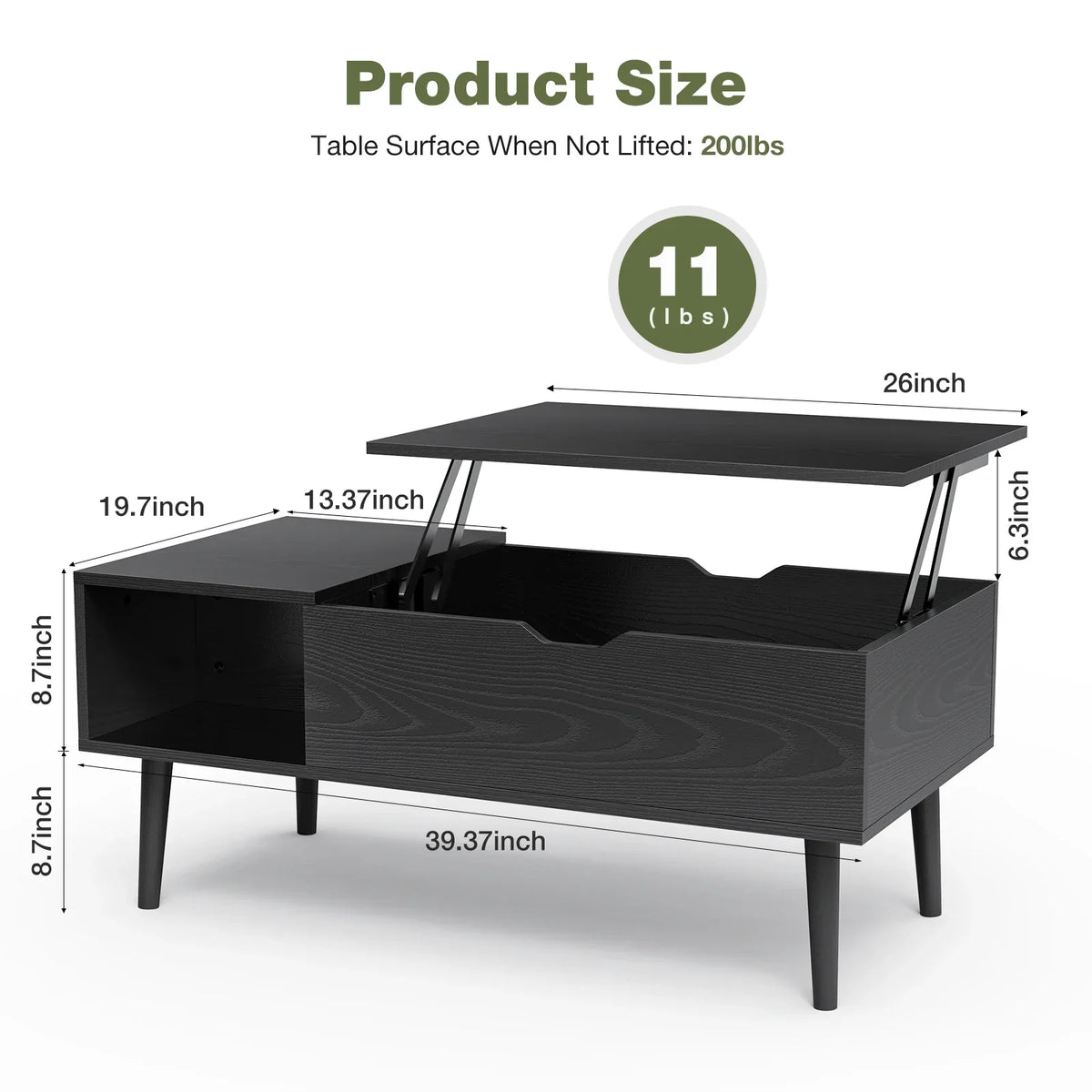 Labelled size diagram for the lift top coffee table