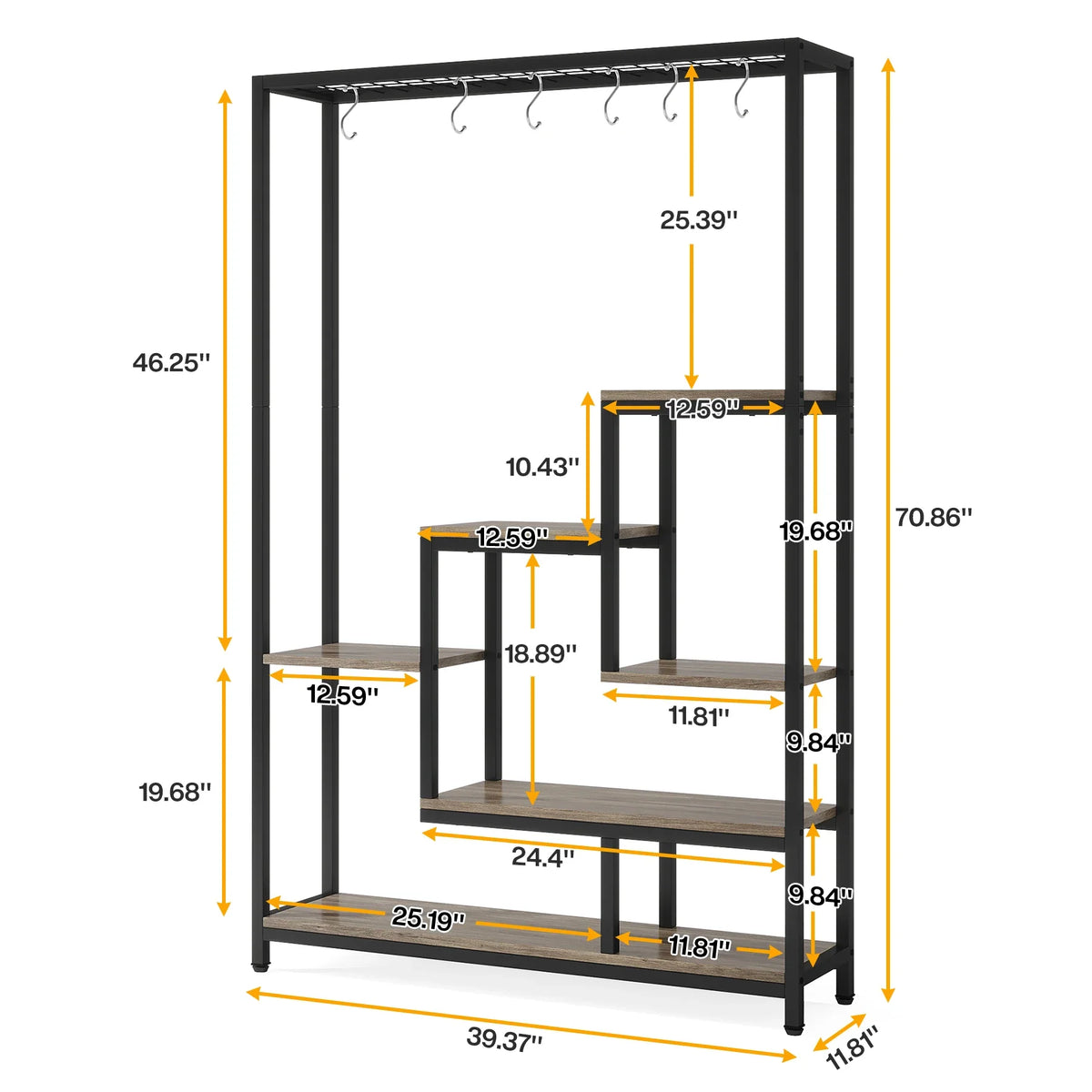Labelled size diagram for the 5-tier metal plant stand, 70.86 inches tall