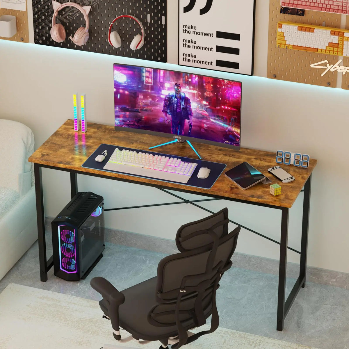 Computer Desk - Metal Frame Home Office Desk (55in Rust)