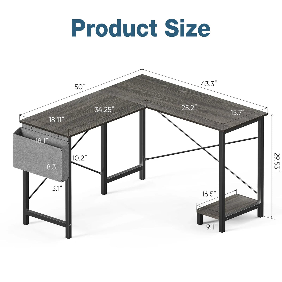 Labelled size diagram for the L shaped gaming desk