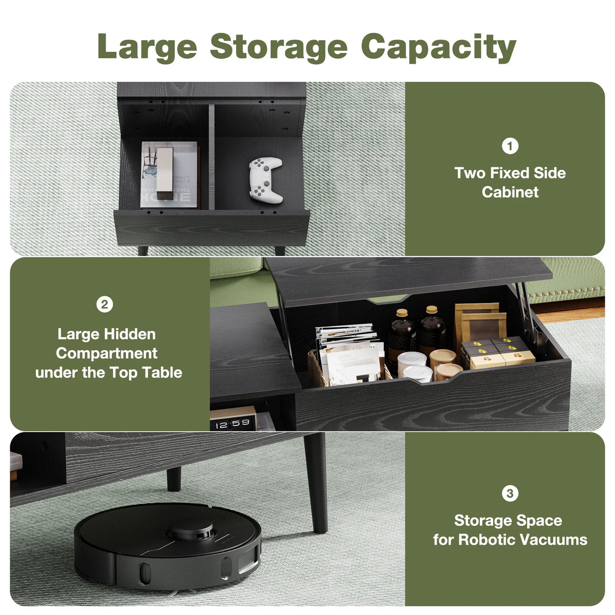 Low Profile Lift Top Coffee Table - Wood Top (Black)