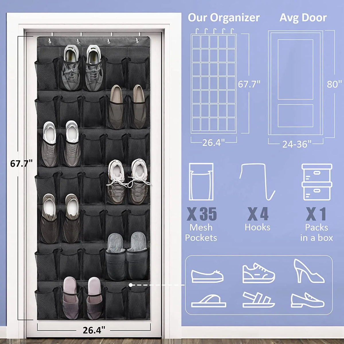 Over-door shoe organizer dimensions: 67.7 by 26.4 inches with 35 pockets and 4 hooks