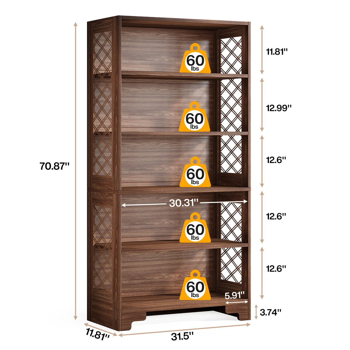Industrial Bookshelf - 70.87in Tall Metal X-Frame Bookcase (Brown 02)