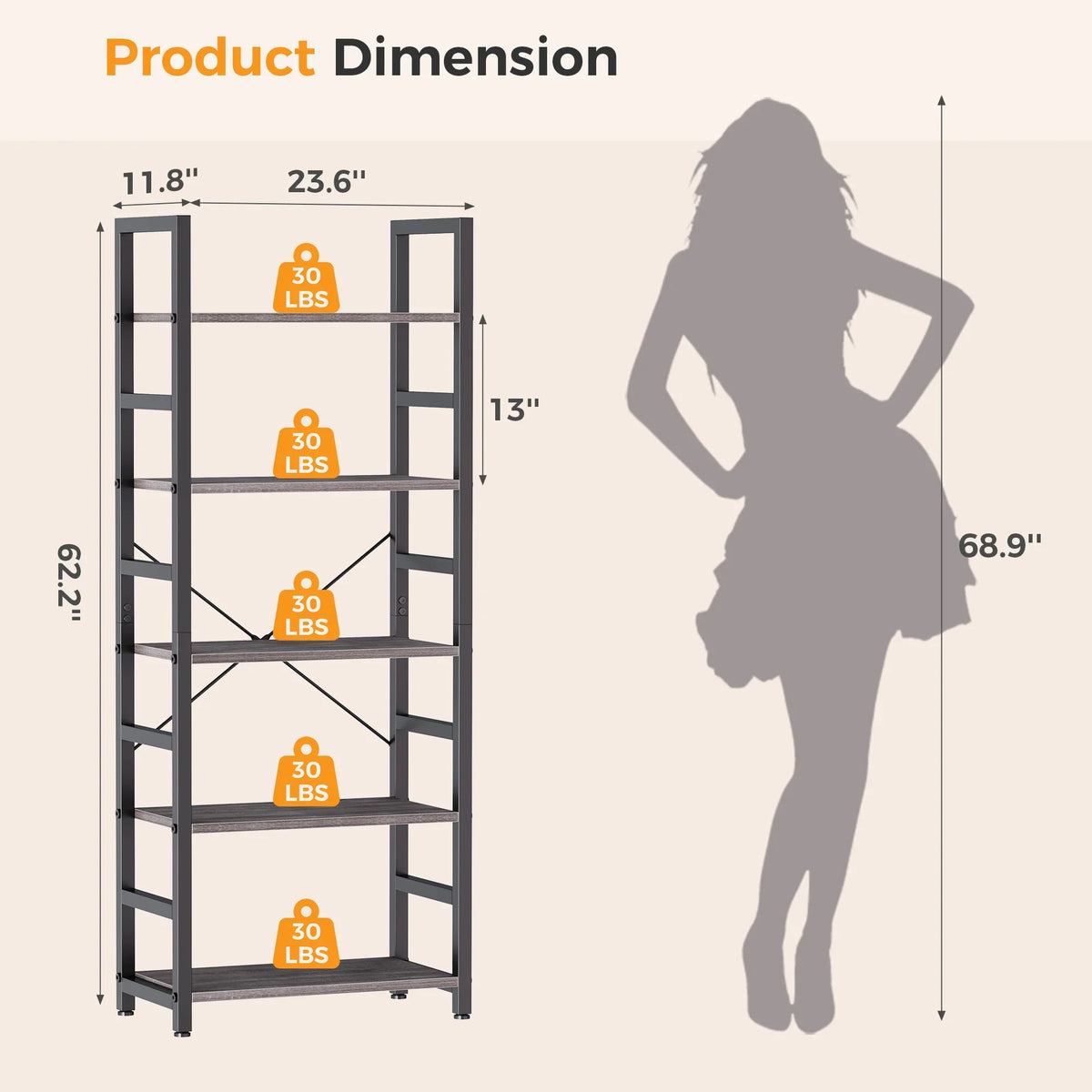 Labelled size diagram for the 5-tier wood bookshelf: 23.6in wide, 11.8in deep, 62.2in tall