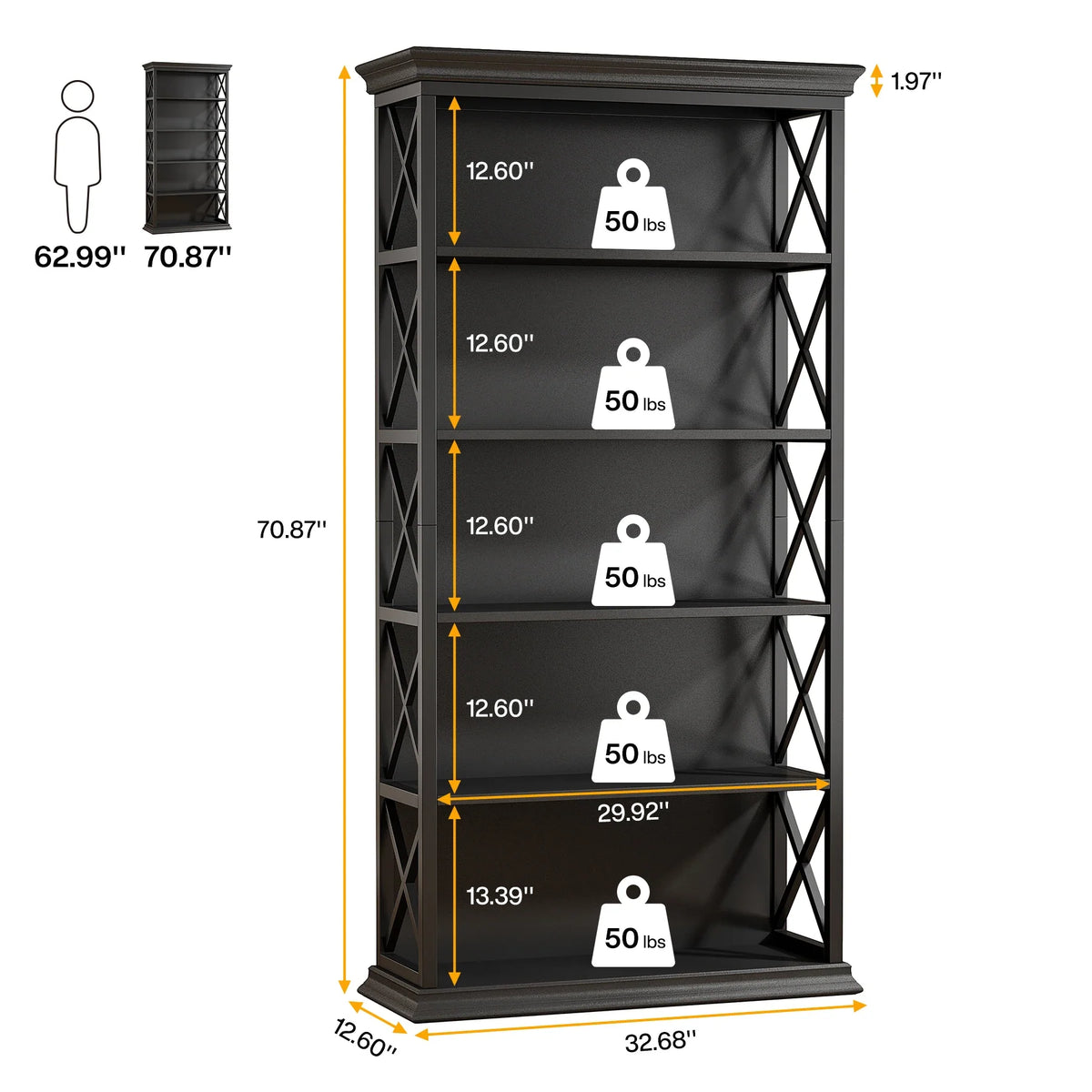 Labelled dimensions and per-shelf load diagram for the black X-frame bookshelf: 70.87in high, 12.60in between shelves, 50lb per shelf