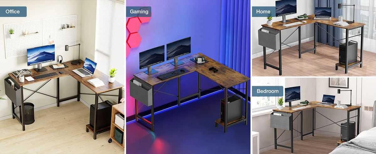 L Shaped Gaming Desk - Corner Computer Desk with CPU Shelf (Gray Wood)