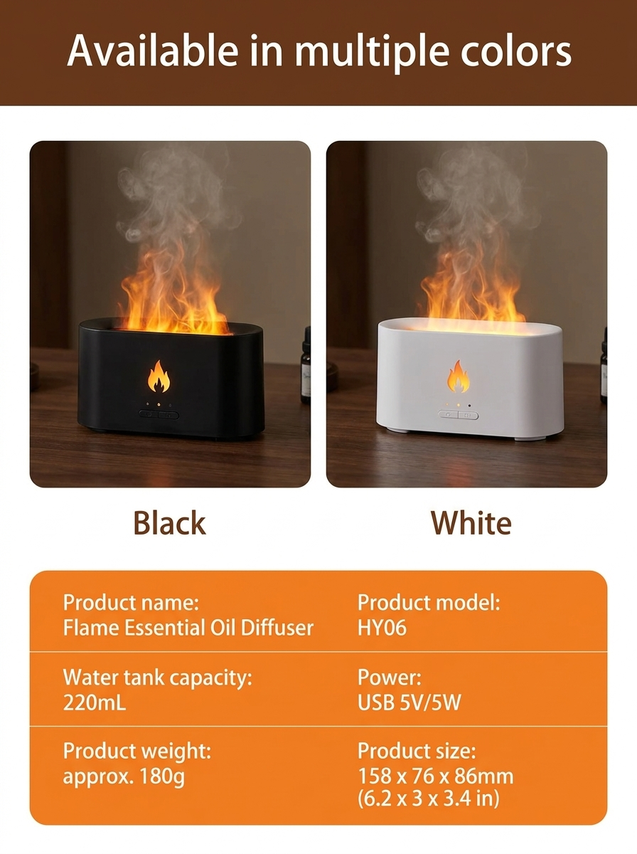 Flame essential oil diffuser specifications and Black and White color options