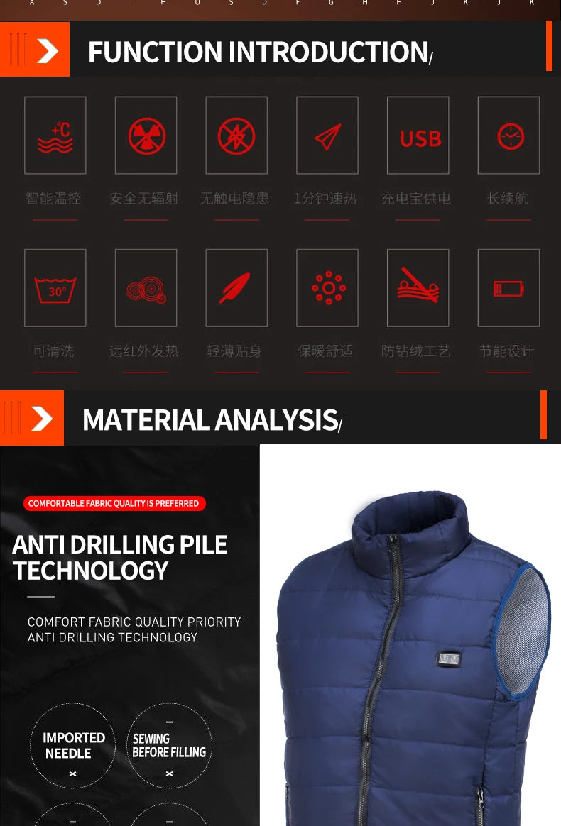 9-Zone USB Rechargeable Heated Vest - Electric Warming Jacket