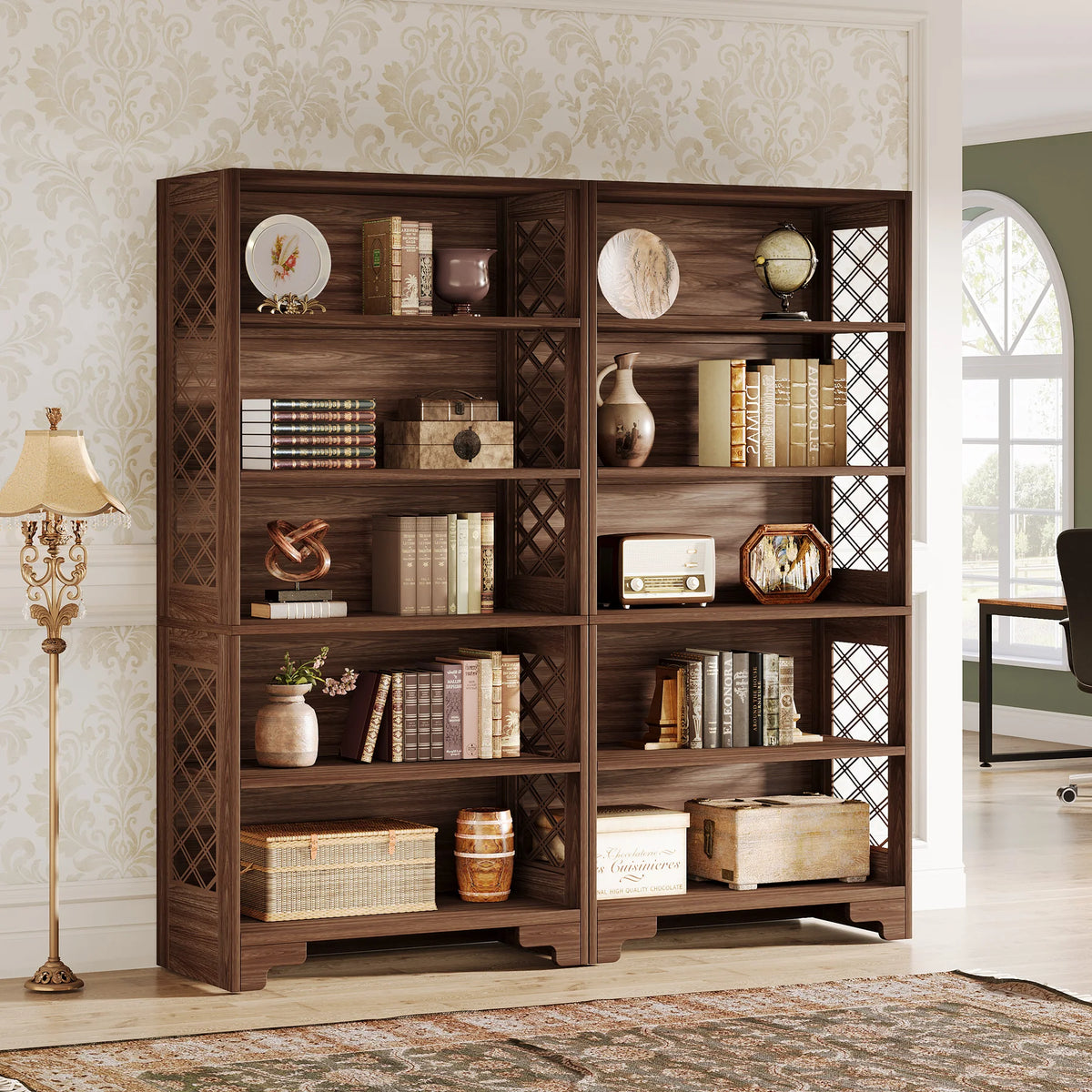 Industrial Bookshelf - 70.87in Tall Metal X-Frame Bookcase (Brown 02)