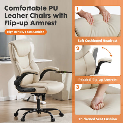 Executive Office Chair - High Back PU Leather Desk Chair (Beige)