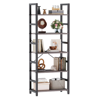 5 Tier Bookshelf - Tall Narrow Wood and Metal Bookcase (Gray Wood)
