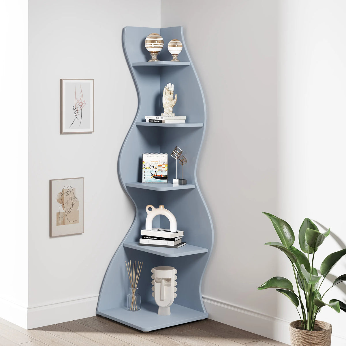 Corner Shelf - Tall 5-Tier Kids Corner Bookshelf (Blue)