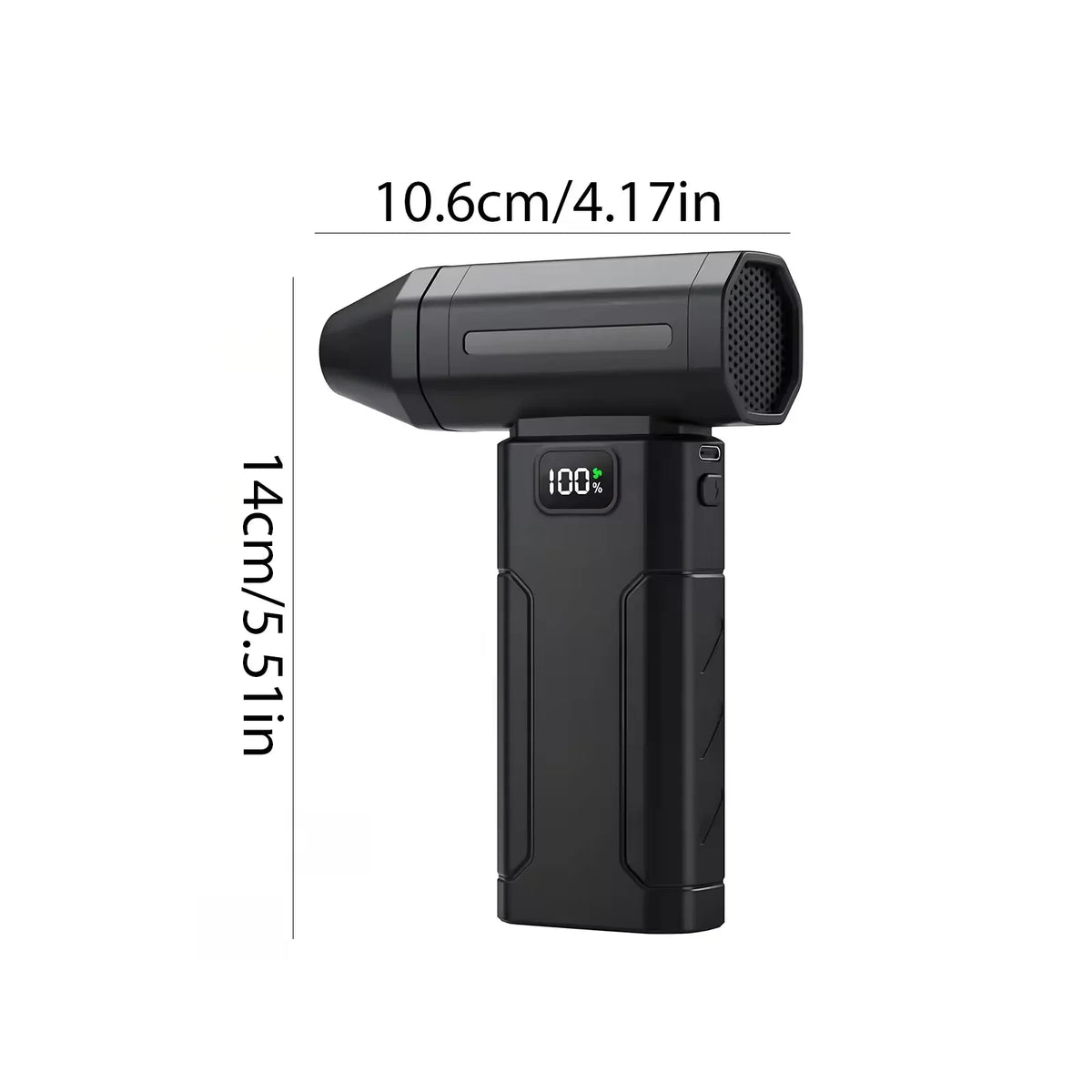 Cordless air duster dimensions: 10.6cm / 4.17in wide, 14cm / 5.51in tall