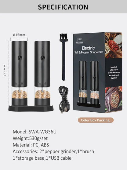 USB Rechargeable Electric Salt and Pepper Grinder Set