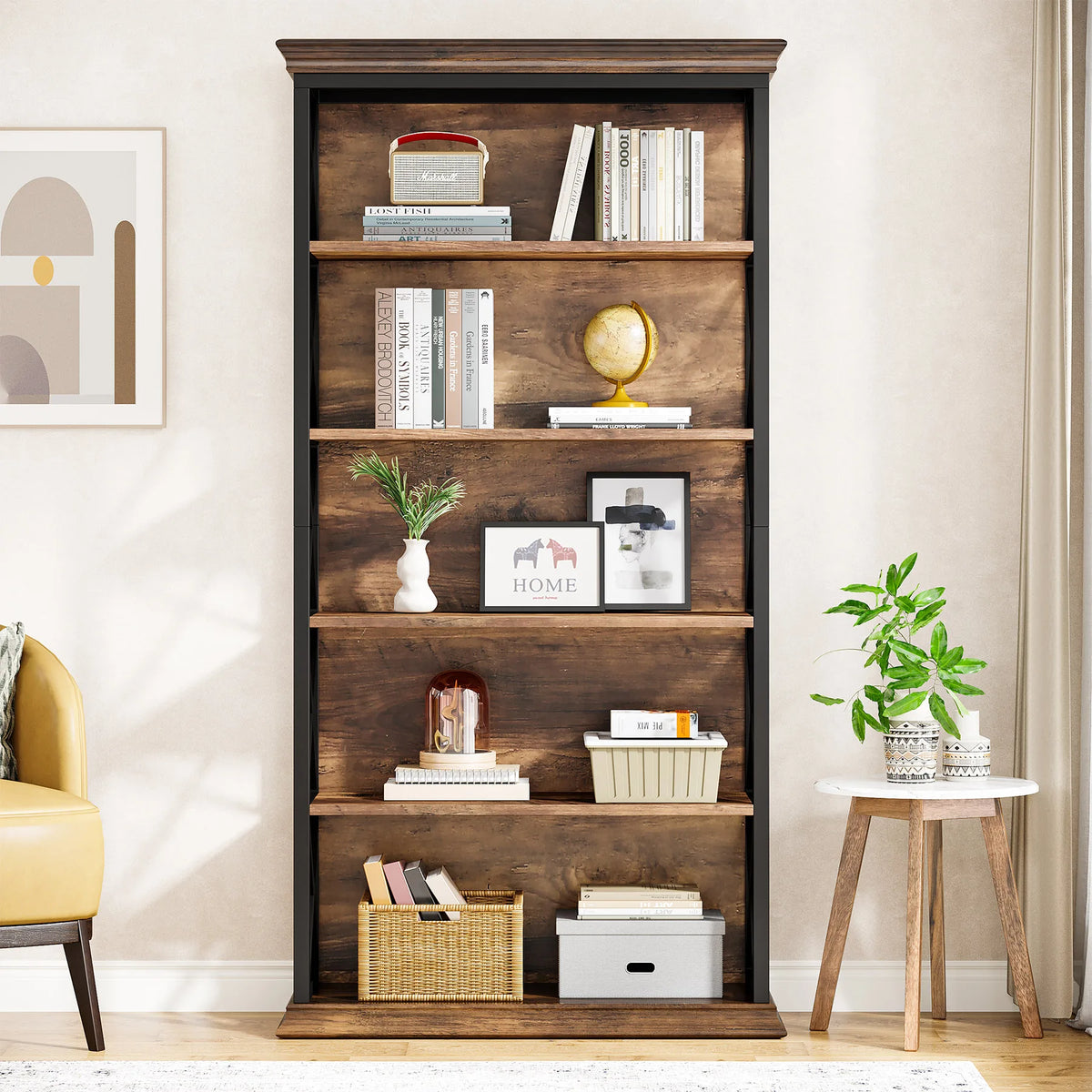 Industrial Bookshelf - 70.87in Tall Metal X-Frame Bookcase (Brown 01)