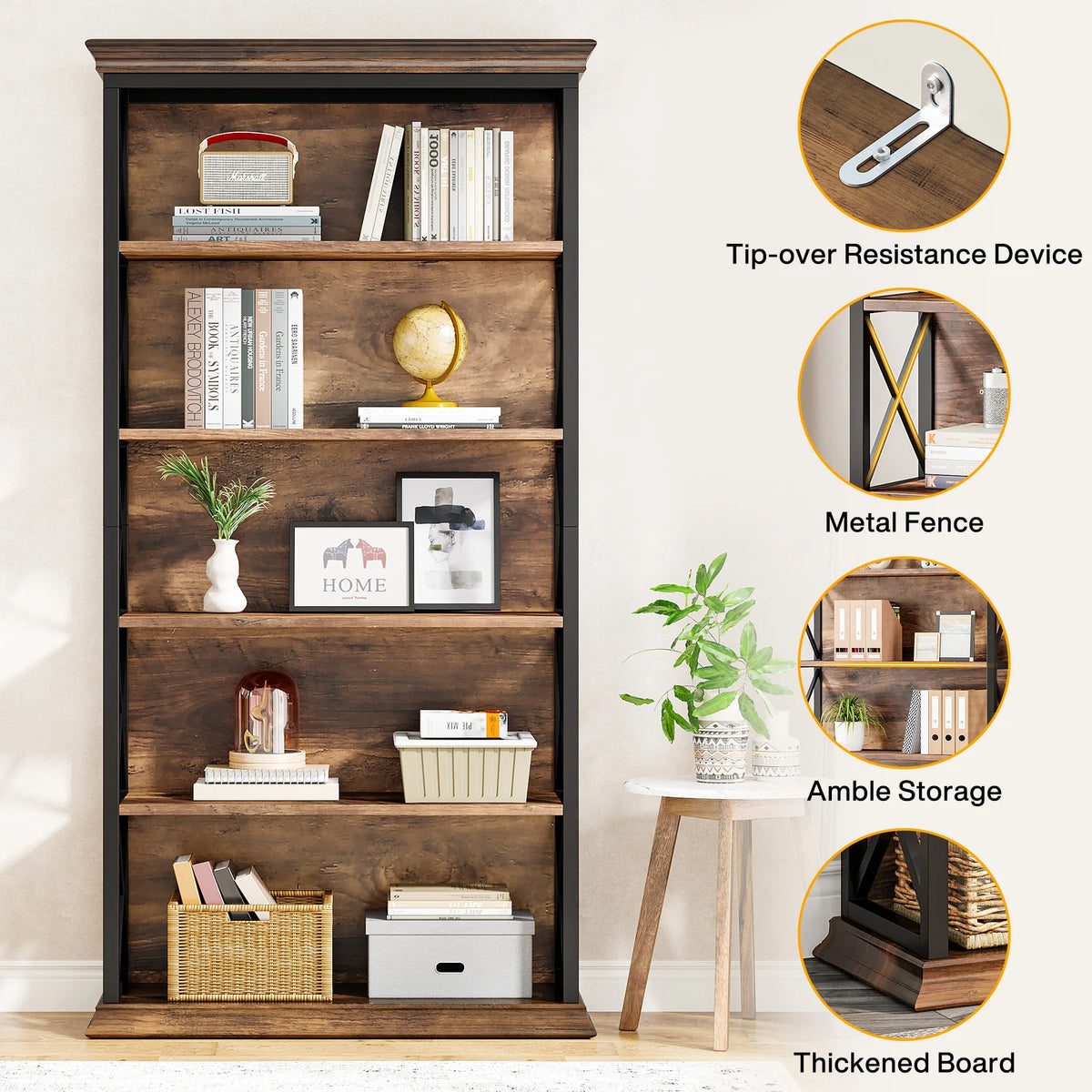 Industrial Bookshelf - 70.87in Tall Metal X-Frame Bookcase (Brown 01)