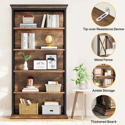 Industrial Bookshelf - 70.87in Tall Metal X-Frame Bookcase (Brown 01)