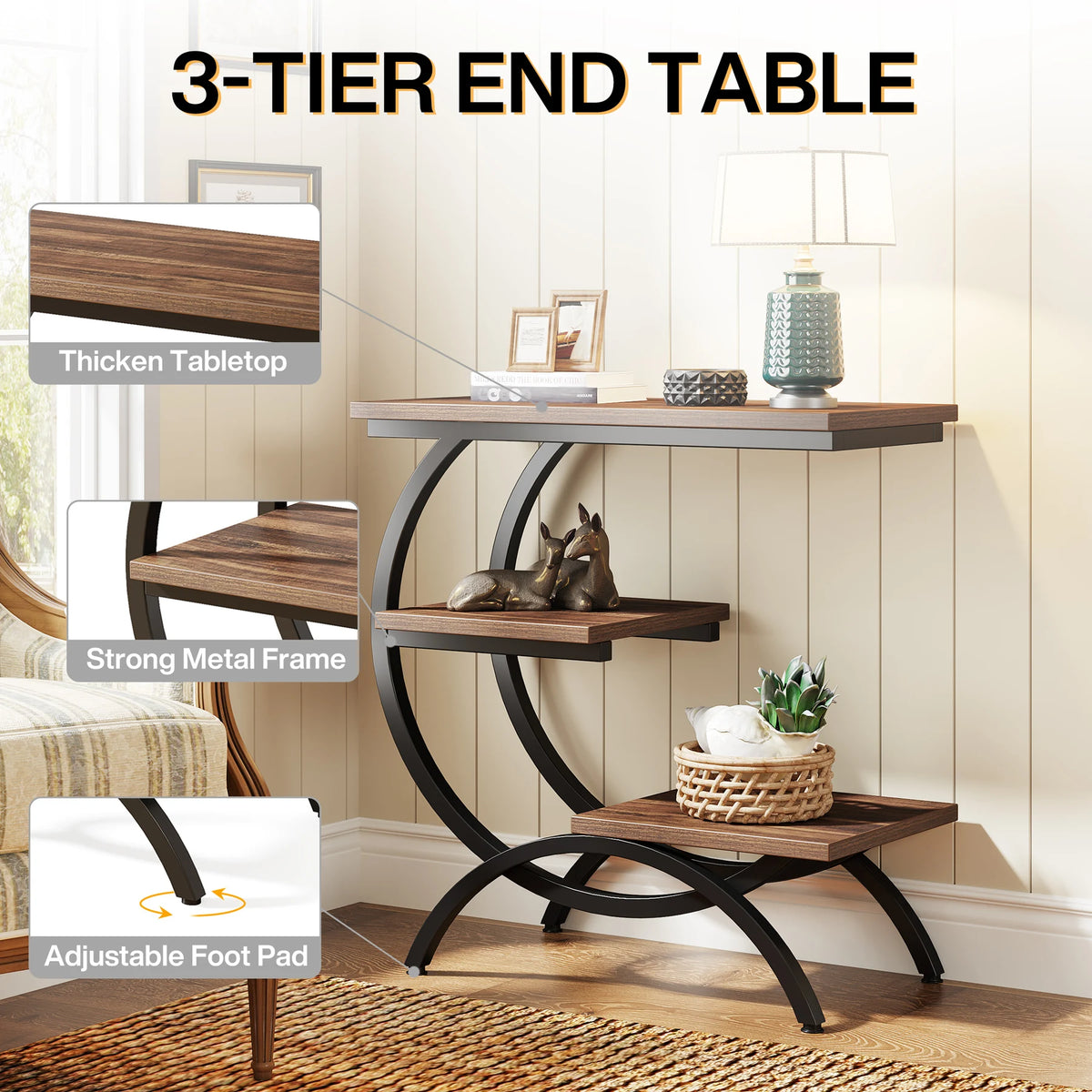 C shaped end table feature diagram highlighting the thickened tabletop, strong metal frame and adjustable foot pads