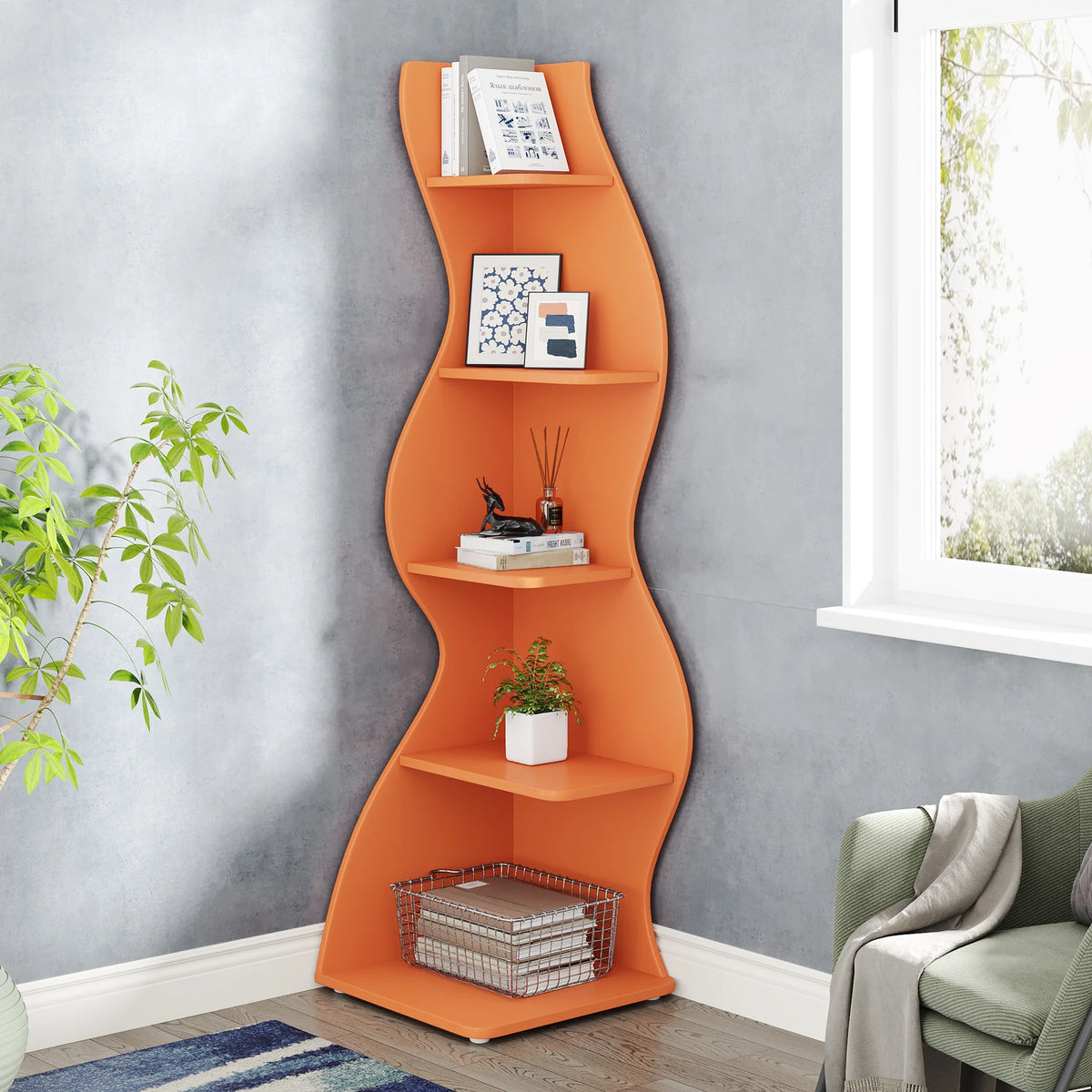 Corner Shelf - 5-Tier Kids Corner Bookshelf (Orange)