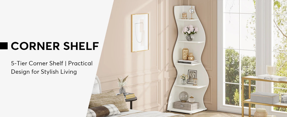Corner Shelf - Tall 5-Tier White Corner Bookshelf