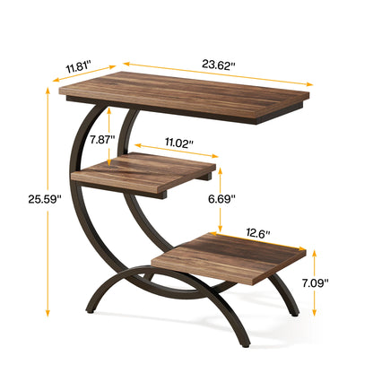 C shaped end table dimensions diagram showing 3 tier measurements in inches