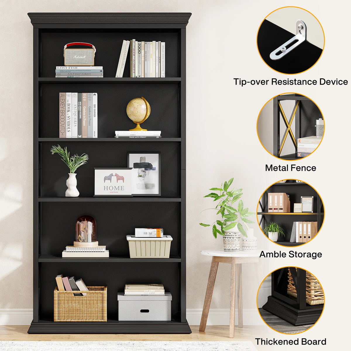 Industrial Bookshelf - 70.87in Tall Metal X-Frame Bookcase (Black 01)