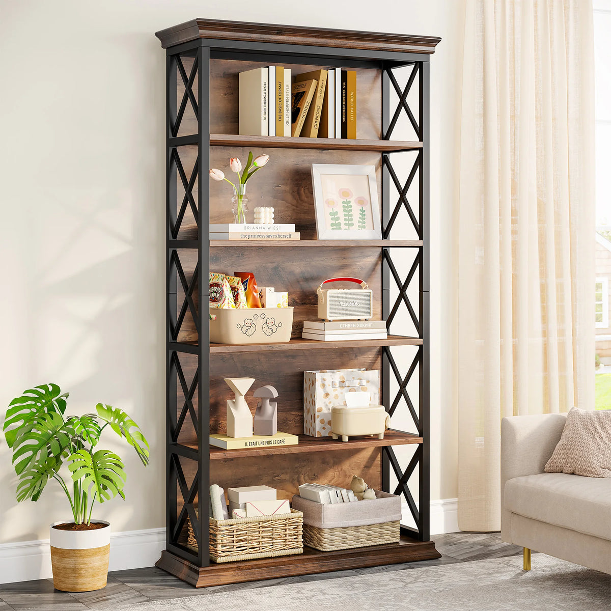 Industrial Bookshelf - 70.87in Tall Metal X-Frame Bookcase (Brown 01)