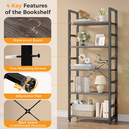 Wooden Bookshelf - 5 Tier Tall Narrow Wood and Metal Bookcase