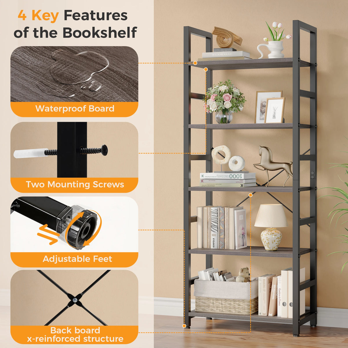 5 Tier Bookshelf - Tall Narrow Wood and Metal Bookcase (Gray Wood)