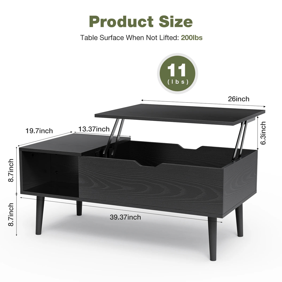 Low Profile Lift Top Coffee Table - Wood Top (Black)