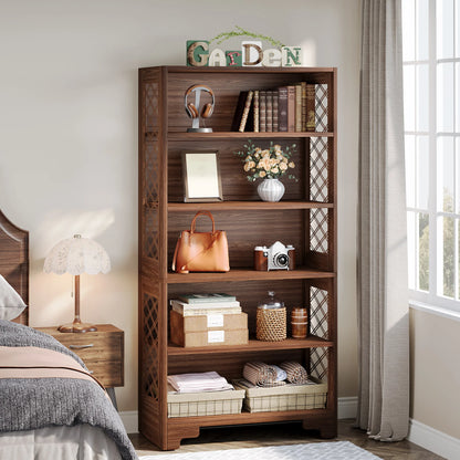 Industrial Bookshelf - 70.87in Tall Metal X-Frame Bookcase (Brown 02)