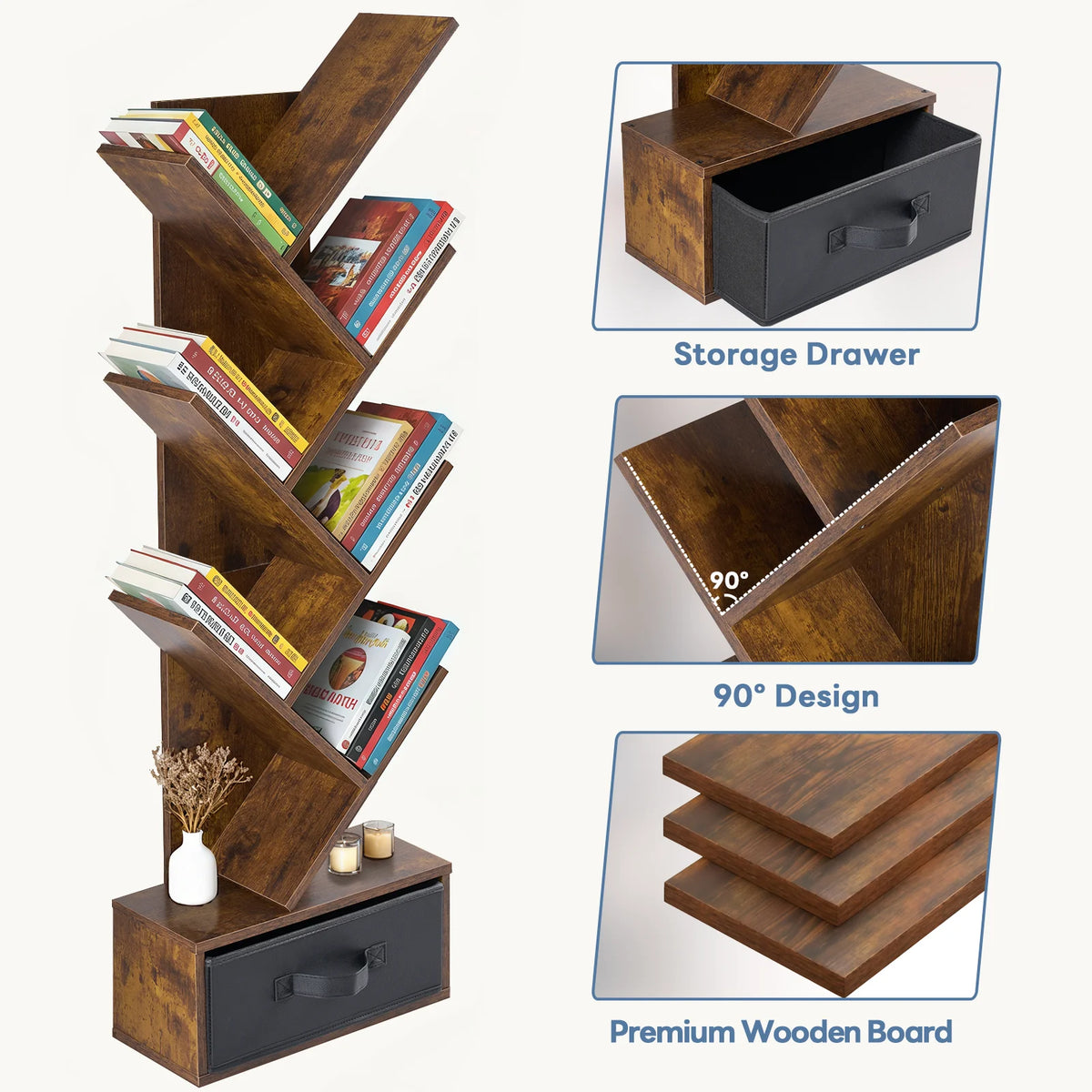 7-Tier Tree Bookshelf - Corner Bookcase with Fabric Drawer