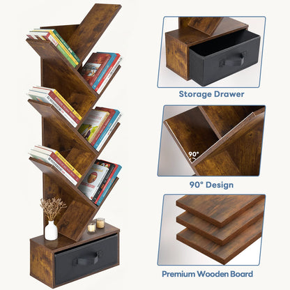 7-Tier Tree Bookshelf - Corner Bookcase with Fabric Drawer