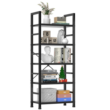 5 Tier Bookshelf - Tall Narrow Wood and Metal Bookcase (Black)