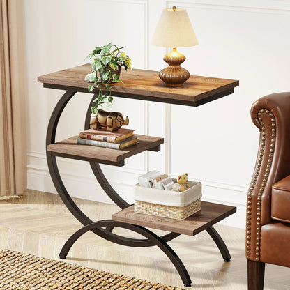 Side Table - C Shaped 3 Tier End Table (Light Brown)