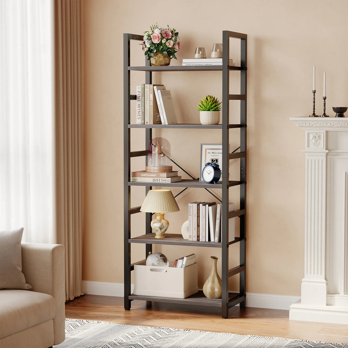 Wooden Bookshelf - 5 Tier Tall Narrow Wood and Metal Bookcase