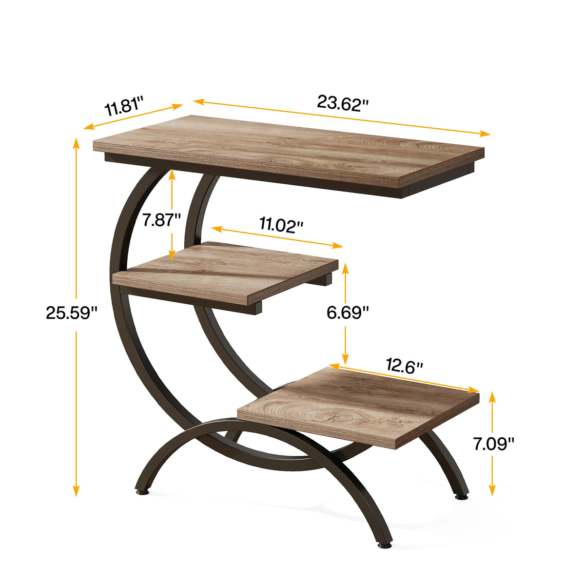 C shaped end table dimensions diagram showing 3 tier measurements in inches
