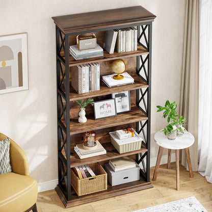 Industrial Bookshelf - 70.87in Tall Metal X-Frame Bookcase (Brown 01)
