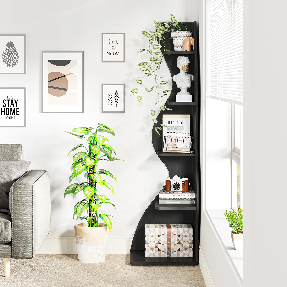Black Corner Shelf - Tall 5-Tier Corner Bookshelf