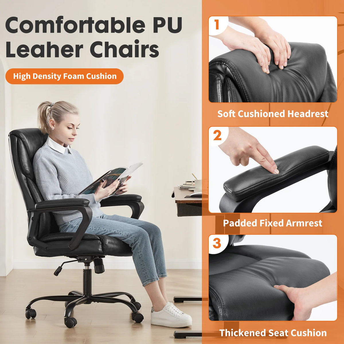 Executive Office Chair - High Back PU Leather Desk Chair (Black)