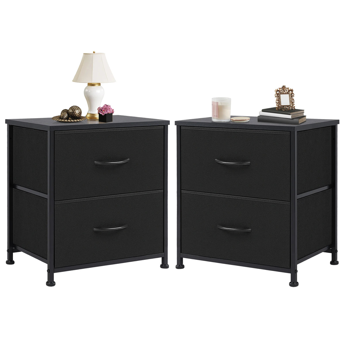 Black Nightstand - Small 2 Drawer Bedside Table with Fabric Drawers