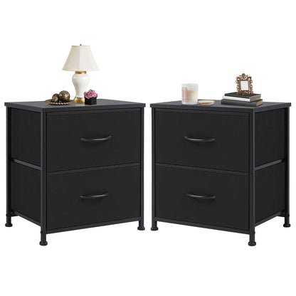 Black Nightstand - Small 2 Drawer Bedside Table with Fabric Drawers