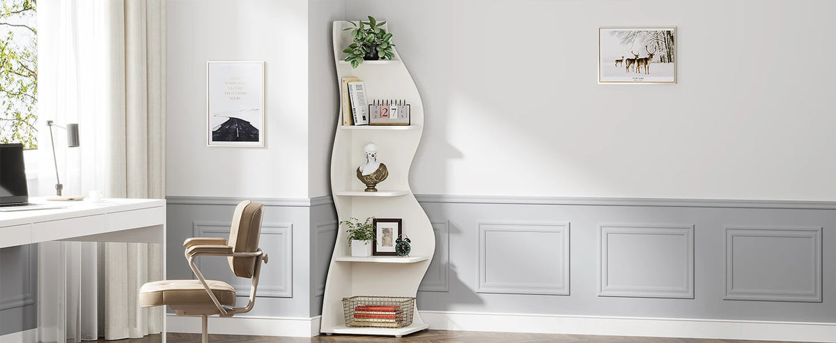 Corner Shelf - Tall 5-Tier White Corner Bookshelf