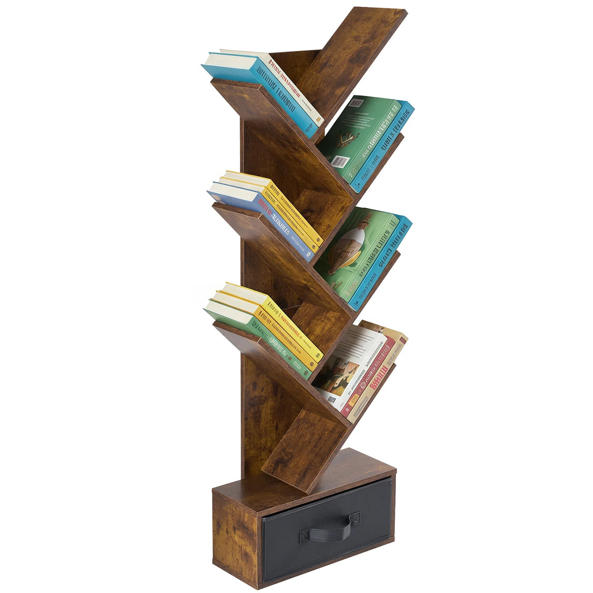 7-Tier Tree Bookshelf - Corner Bookcase with Fabric Drawer