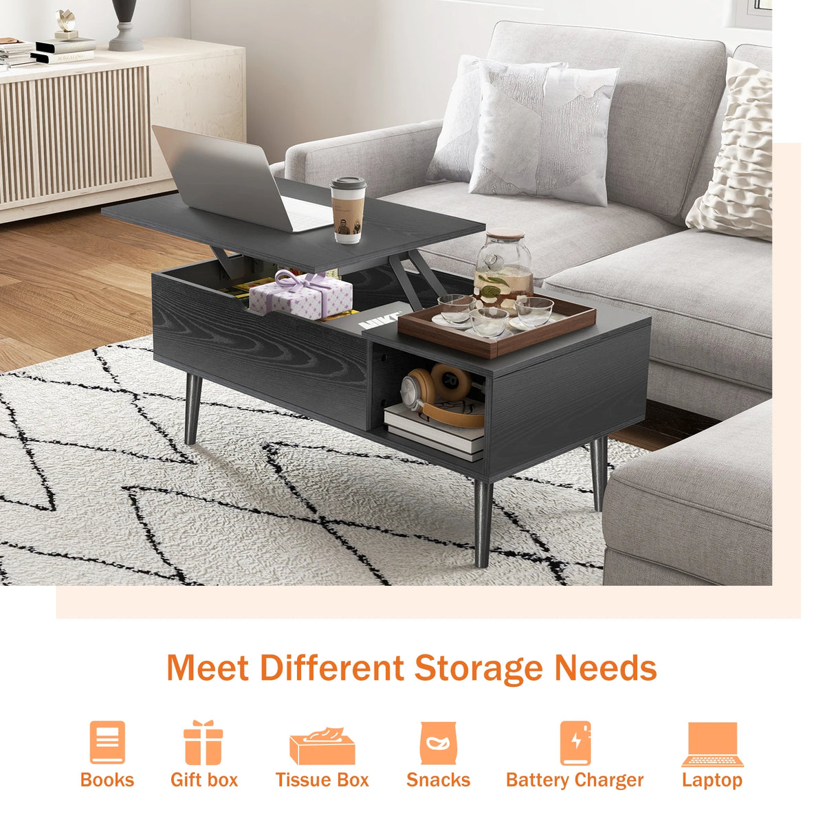 Low Profile Lift Top Coffee Table - Wood Top (Black)