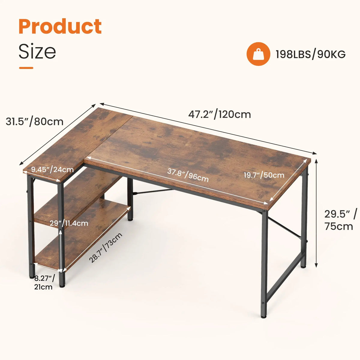 L Shaped Desk - Corner Computer Desk with Bookshelf and 2 Tier Storage Shelves (Rustic Brown)