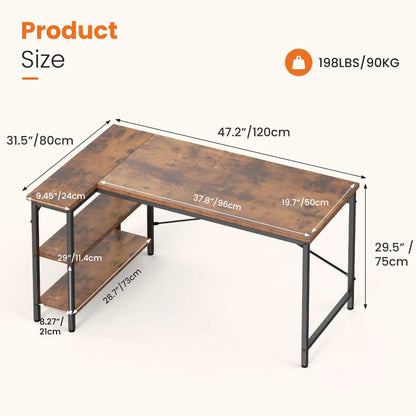 L Shaped Desk - Corner Computer Desk with Bookshelf and 2 Tier Storage Shelves (Rustic Brown)
