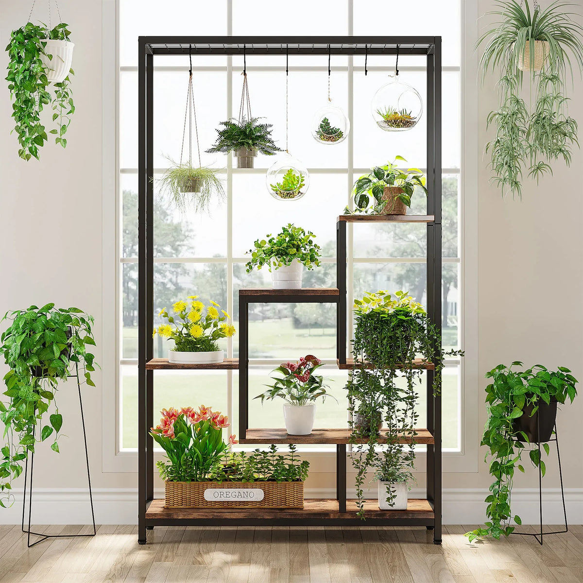 Tiered Plant Stand - 5 Tier Tall Metal Indoor Plant Shelf (Brown)