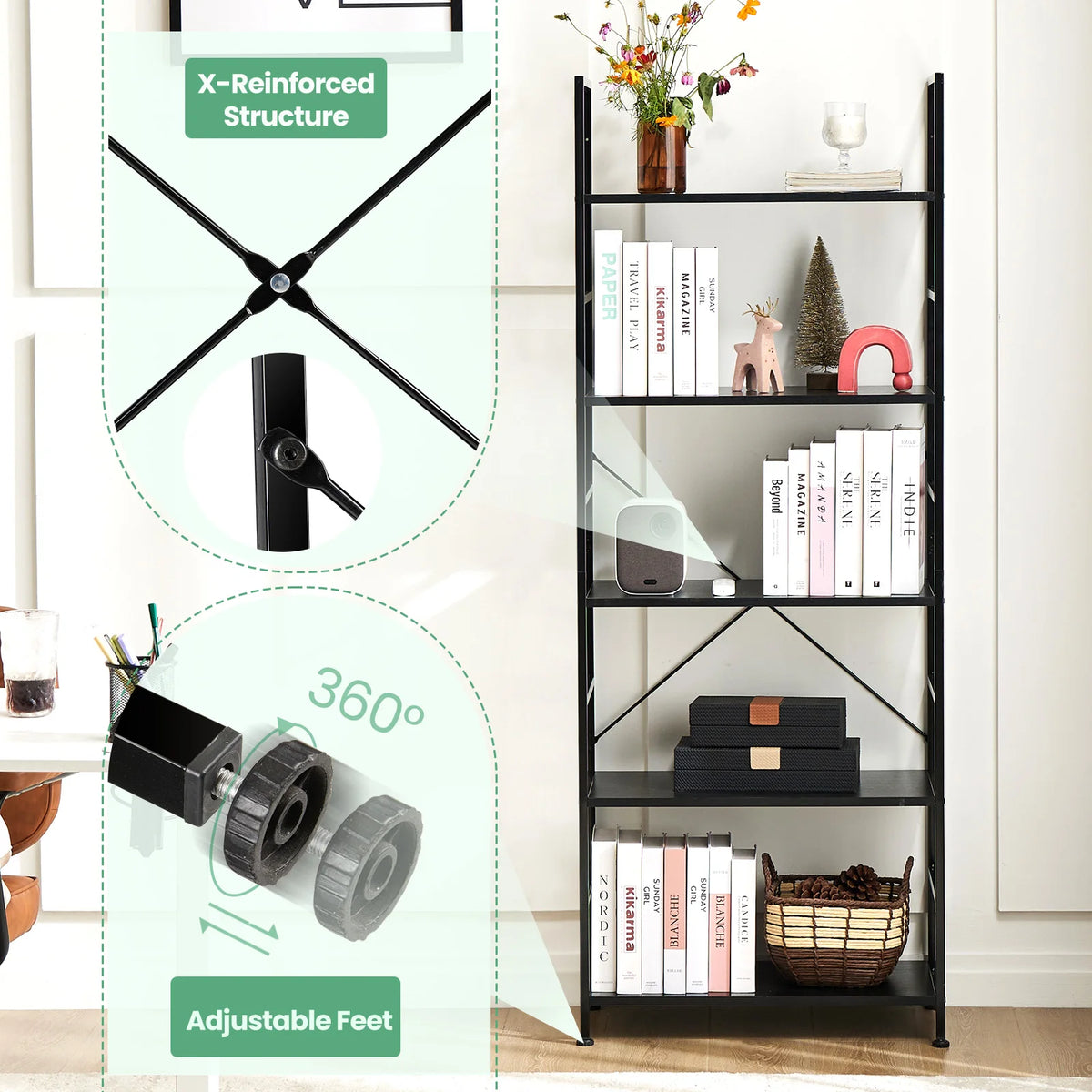 5 Tier Bookshelf - Tall Narrow Wood and Metal Bookcase (Gray Wood)